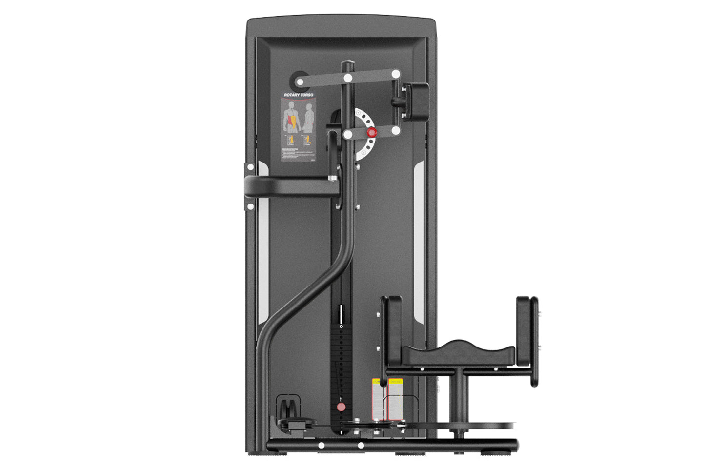 Black rotary torso exercise machine with dual handles, instruction panel, and weight stack on white background