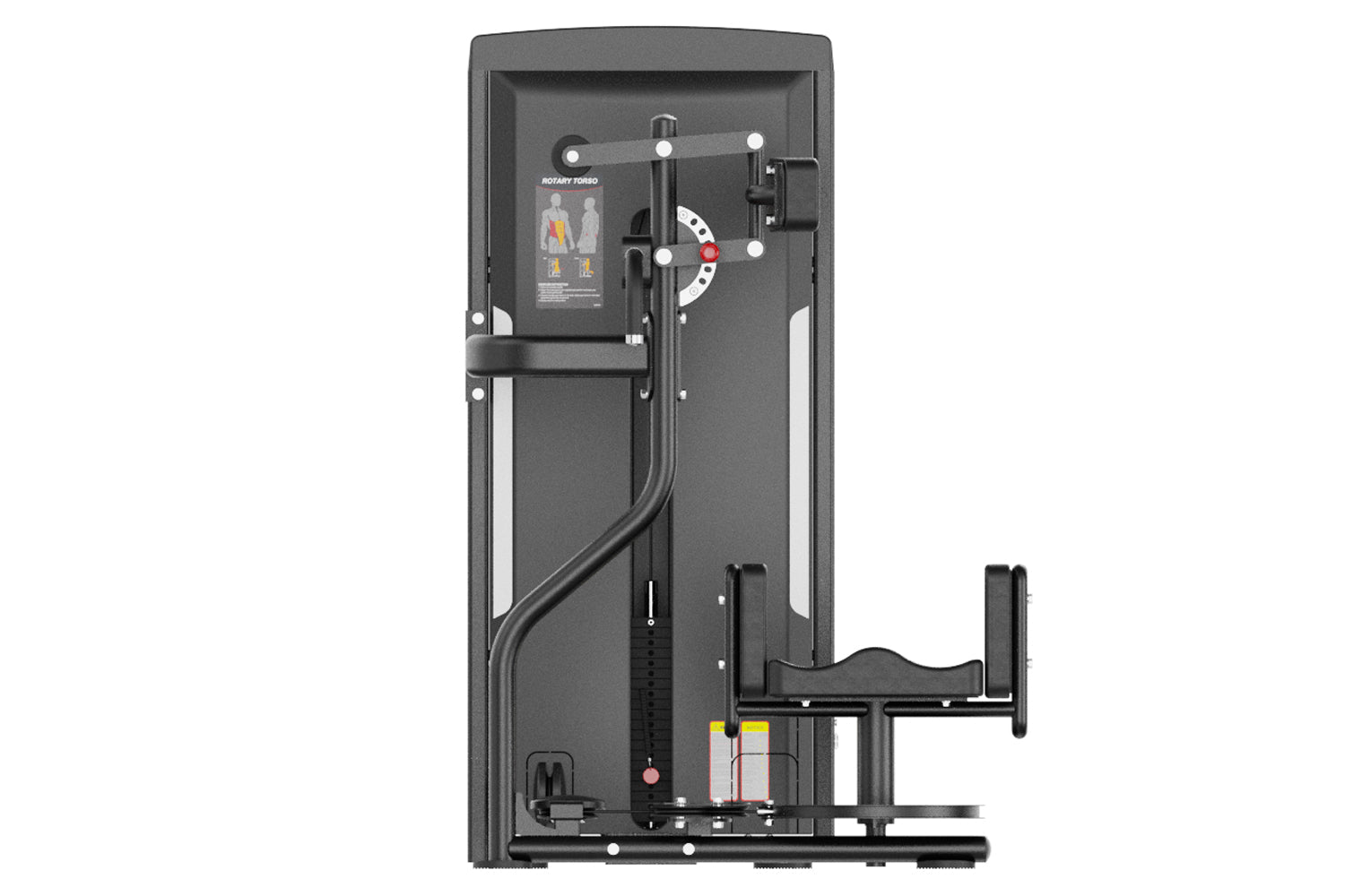 Black rotary torso exercise machine with dual handles, instruction panel, and weight stack on white background