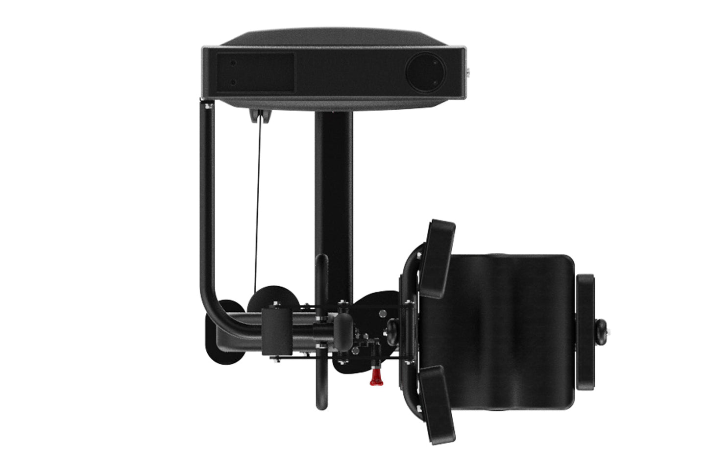 Black commercial rotary torso exercise machine with overhead frame, control panel, and dual rotating handles on white backgro