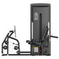 Black commercial seated leg press machine with dual weight stacks, padded backrest, and footplate on white background