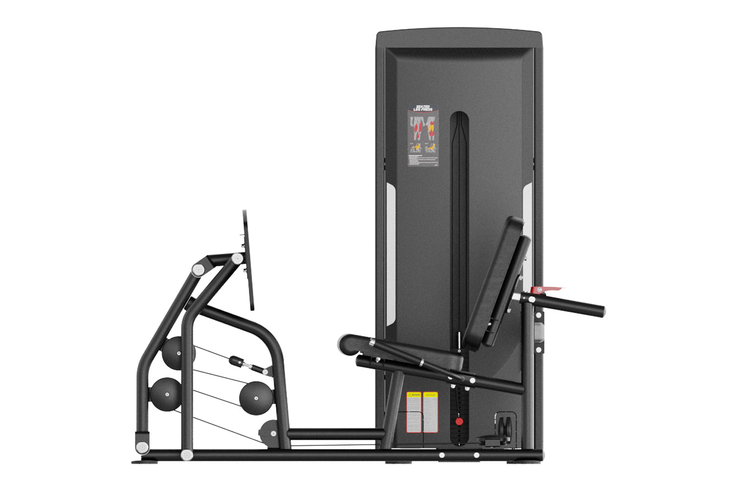Black commercial seated leg press machine with dual weight stacks, padded backrest, and footplate on white background