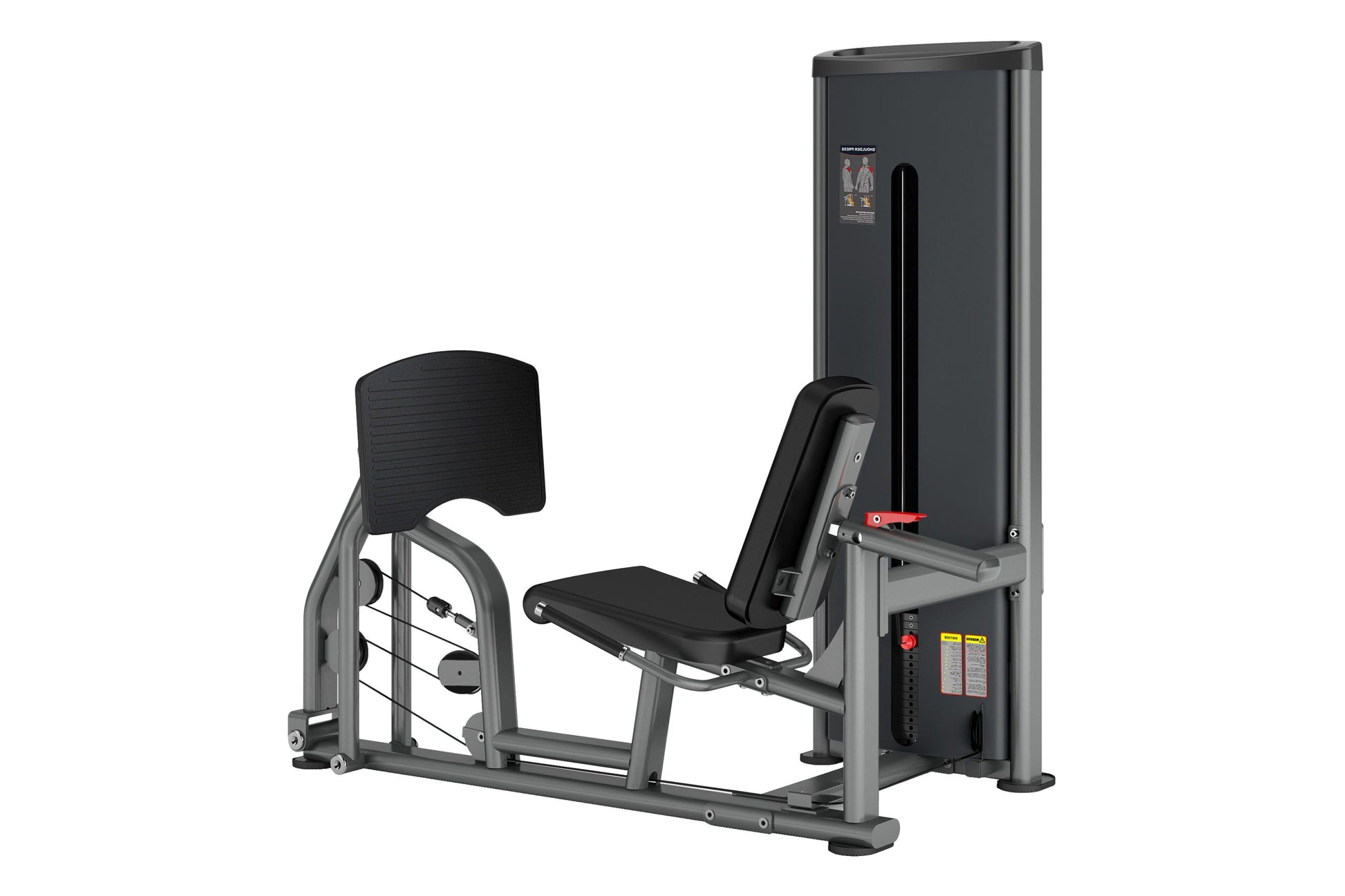 Black and gray commercial leg press machine with padded seat and backrest, adjustable foot platform, and tall vertical frame 