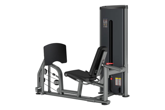 Black and gray commercial leg press machine with padded seat and backrest, adjustable foot platform, and tall vertical frame 