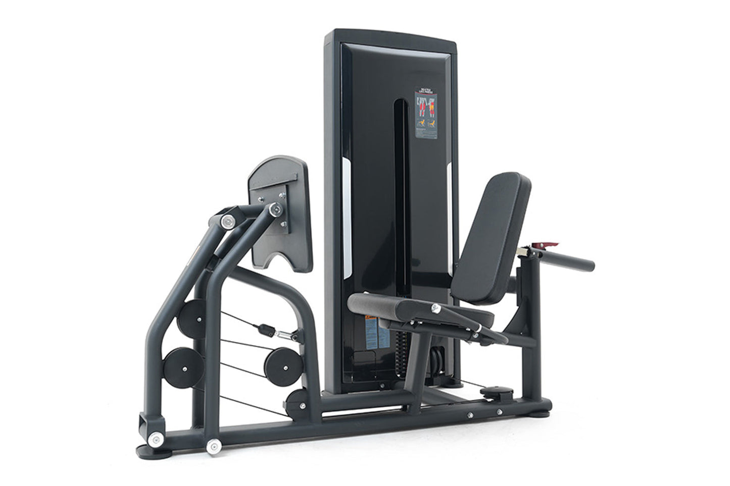 Black commercial leg press machine with digital display, padded seat and backrest, weight stack, and dual handles on white ba