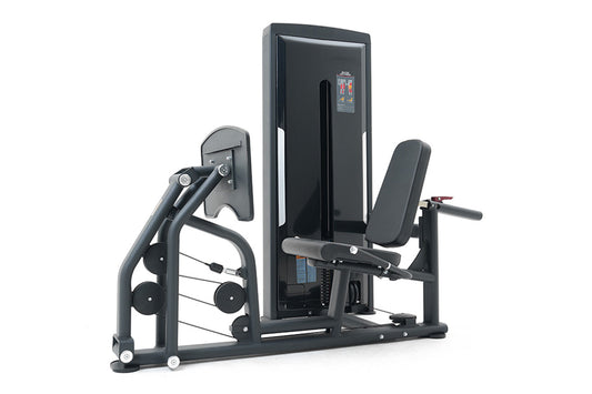 Black commercial leg press machine with digital display, padded seat and backrest, weight stack, and dual handles on white ba