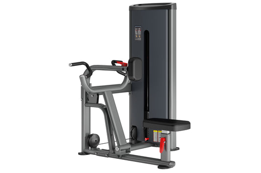 Gray and black commercial seated row machine with padded seat and handlebar on white background