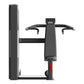 Black shoulder press machine with curved handles, padded seat, and red accent details on white background