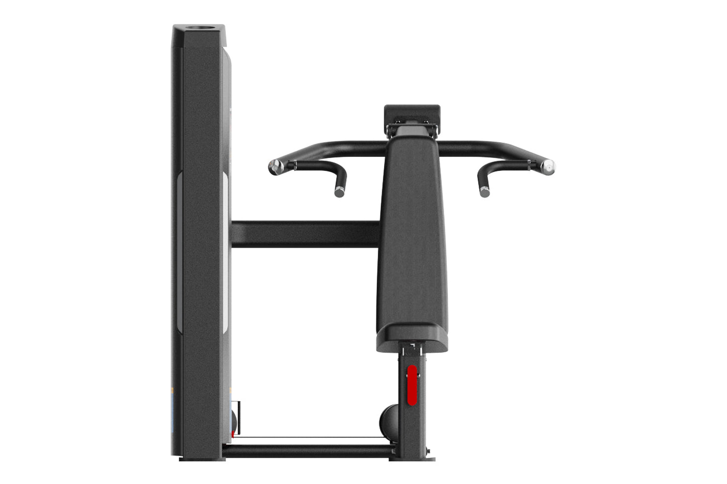 Black shoulder press machine with curved handles, padded seat, and red accent details on white background