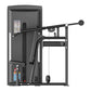 Black commercial shoulder press machine with digital display, adjustable seat, and lever arm on white background