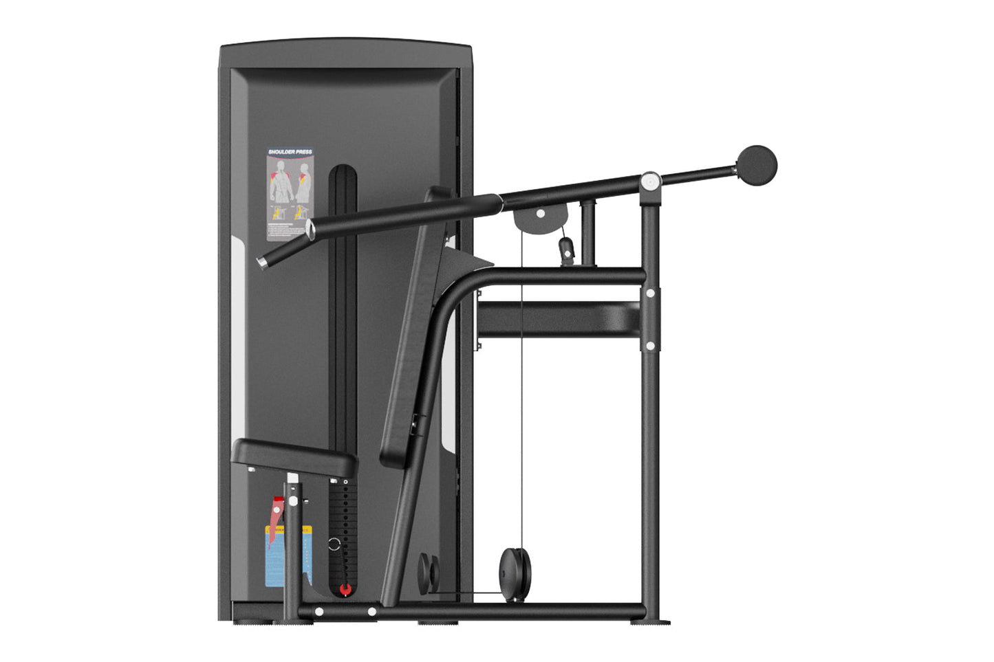 Black commercial shoulder press machine with digital display, adjustable seat, and lever arm on white background