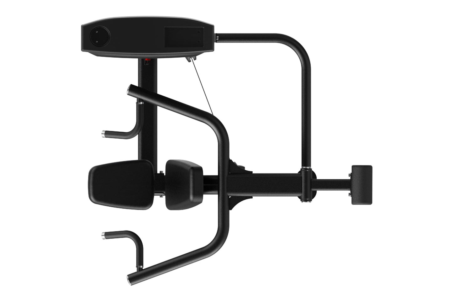 Black commercial shoulder press machine with padded seat, footrest, and adjustable resistance bars on white background