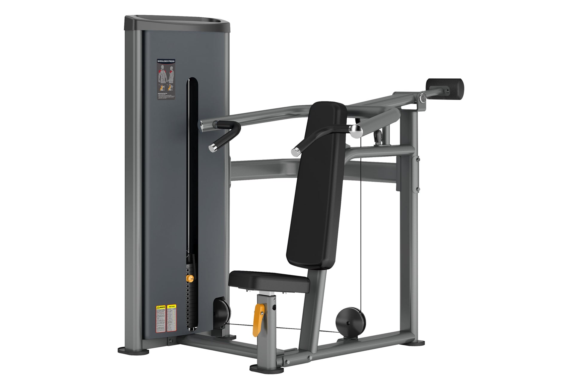 Warrior Deluxe Commercial Shoulder Press machine with gray steel frame, black padded seat and backrest, gray arm lever with b