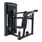 Black commercial shoulder press machine with padded seat and handles, digital display screen, on white background
