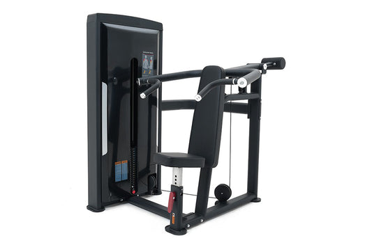 Black commercial shoulder press machine with padded seat and handles, digital display screen, on white background
