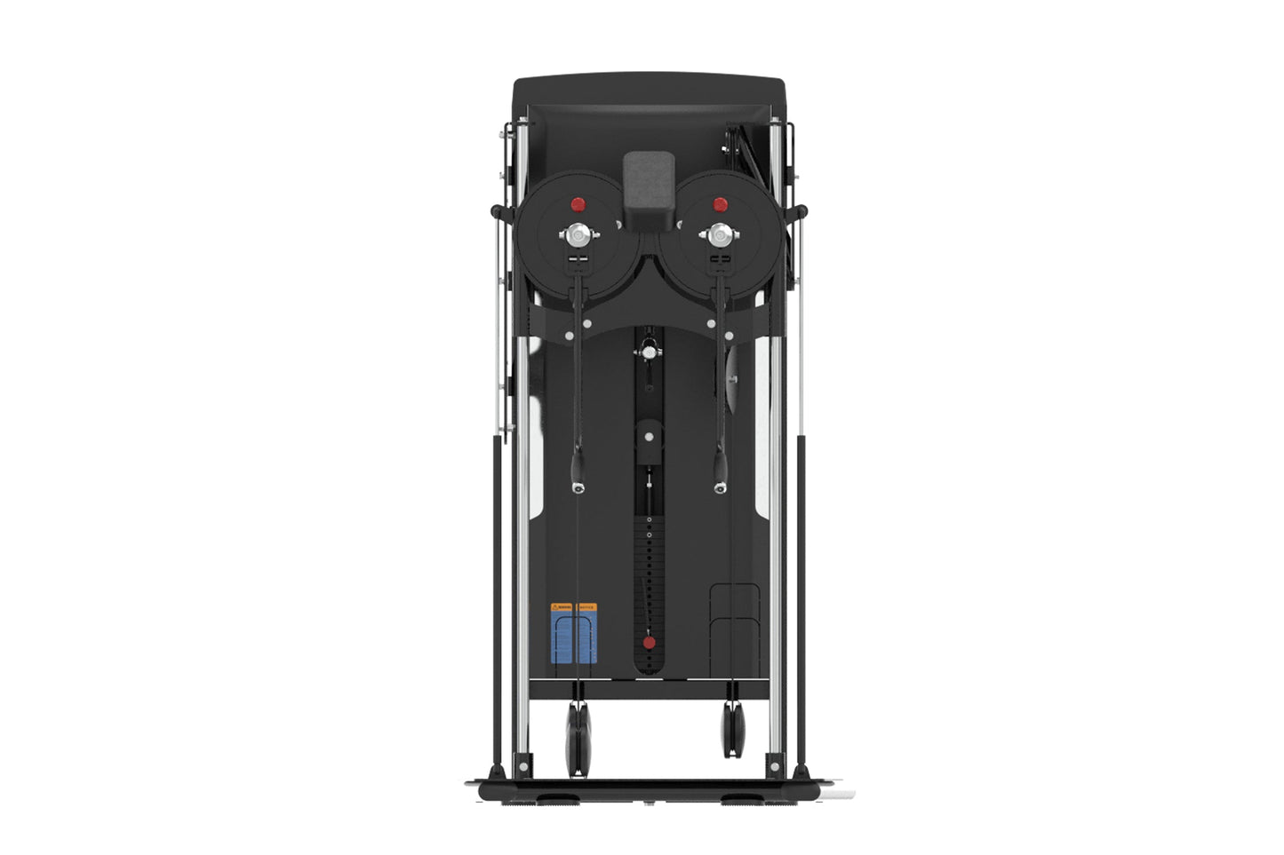 Black standing reformer machine with dual footbars, resistance springs, and control handles on white background, overhead vie