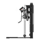 Black commercial standing multi-flight rowing machine with digital display and resistance cables on white background