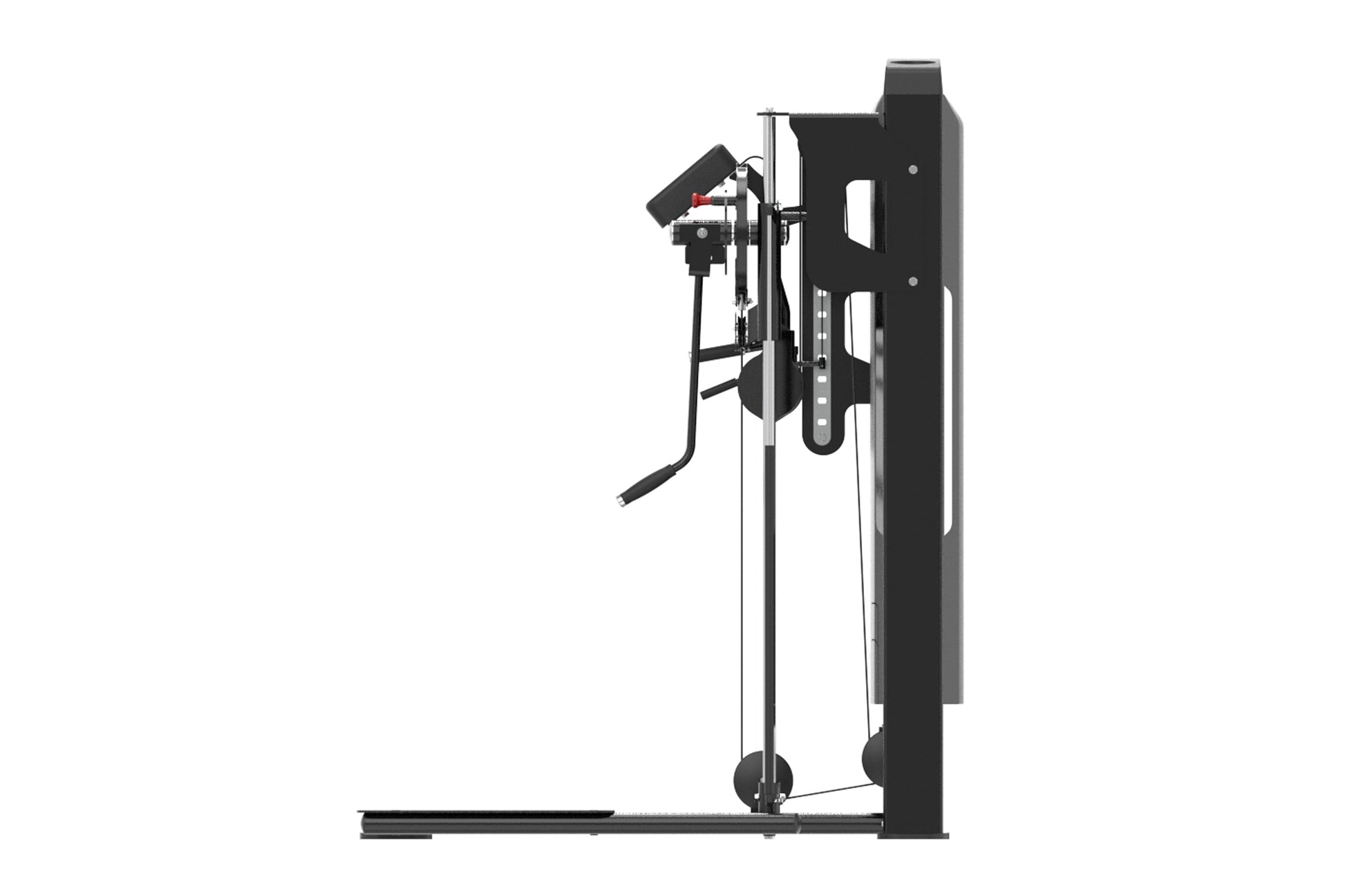Black commercial standing multi-flight rowing machine with digital display and resistance cables on white background