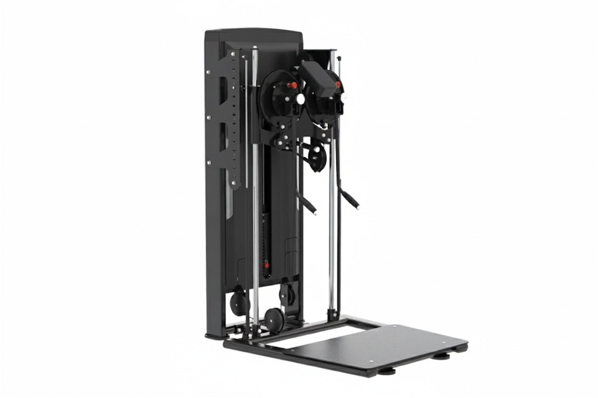 Black commercial multi-flight training machine with dual stations, metal frame, and weight stack on white background