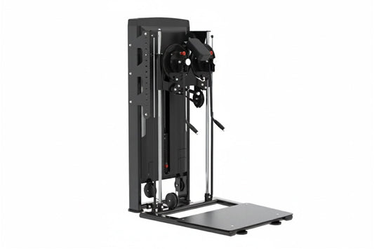 Black commercial multi-flight training machine with dual stations, metal frame, and weight stack on white background