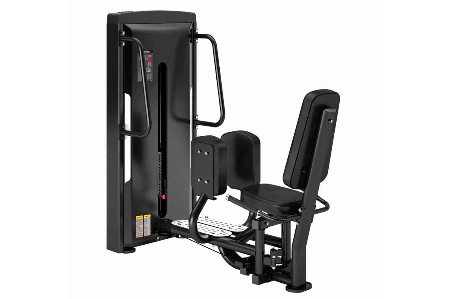 Black commercial leg abduction machine with padded seat and backrest, metal frame, and footplate on white background