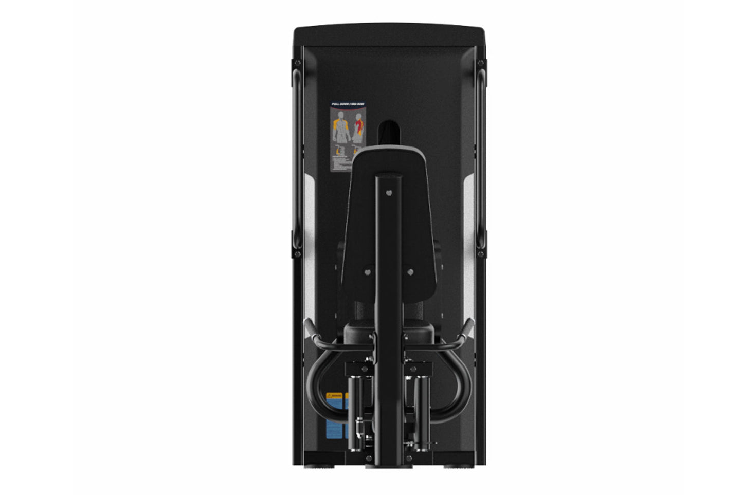 Black commercial abduction machine with digital display and padded seat, overhead view showing dual leg extension arms and co