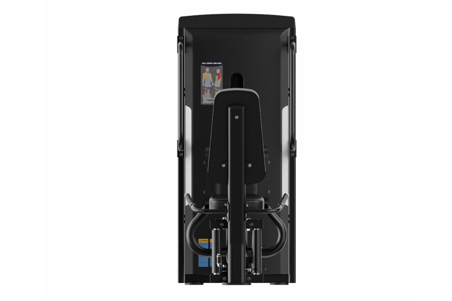 Black commercial abduction machine with digital display and padded seat, overhead view showing dual leg extension arms and co