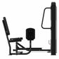 Black commercial leg abduction machine with padded seat and backrest, adjustable leg pads, and weight stack frame on white ba
