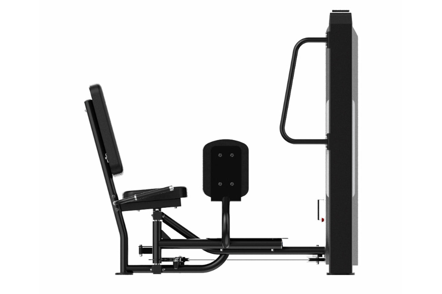 Black commercial leg abduction machine with padded seat and backrest, adjustable leg pads, and weight stack frame on white ba