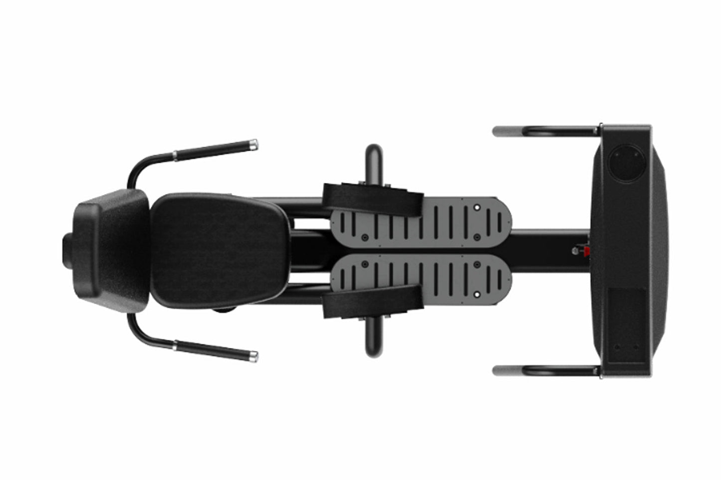 Black commercial abduction machine with gray footplates and padded seat, overhead view on white background