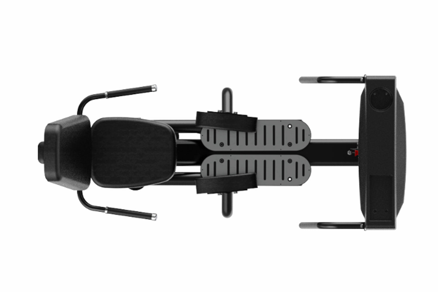 Black commercial abduction machine with gray footplates and padded seat, overhead view on white background