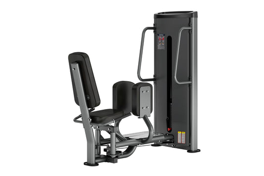 Warrior Deluxe Commercial Series leg abduction machine with black padded seat and gray metal frame on white background