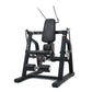 Black commercial ab crunch machine with padded seat, backrest, and arm handles, on white background