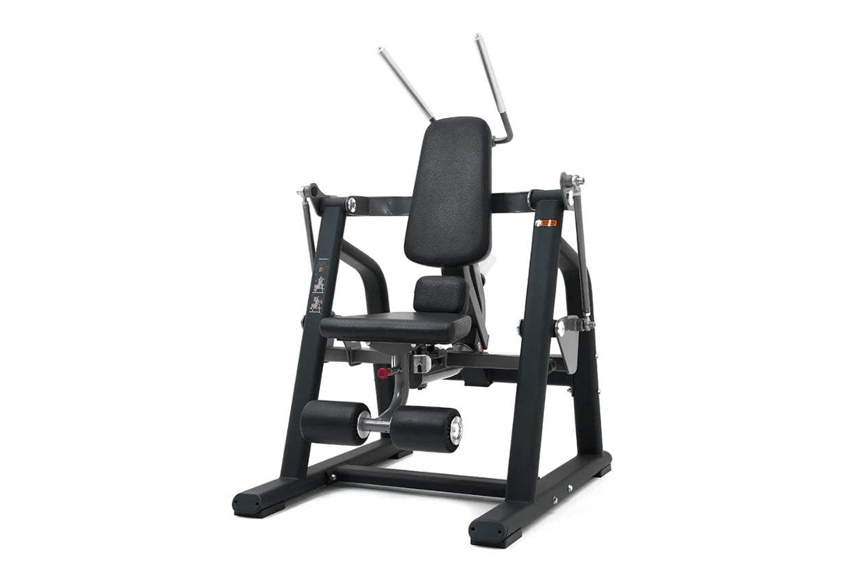 Black commercial ab crunch machine with padded seat, backrest, and arm handles, on white background