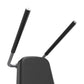 Black dual-antenna WiFi router with curved handles and gray accents on white background