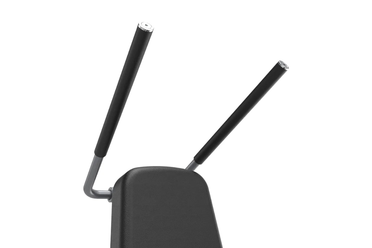 Black dual-antenna WiFi router with curved handles and gray accents on white background