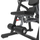 Black and gray commercial ab crunch machine with padded seat, backrest, and arm handles on white background