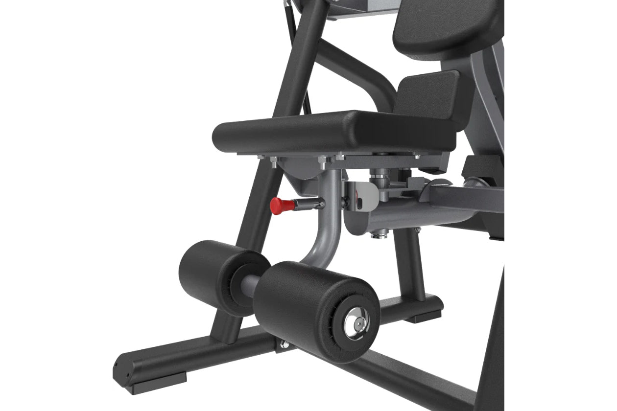 Black and gray commercial ab crunch machine with padded seat, backrest, and arm handles on white background
