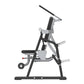 Black and gray commercial ab crunch machine with padded seat, adjustable arm handles, and stabilizing wheels on white backgro