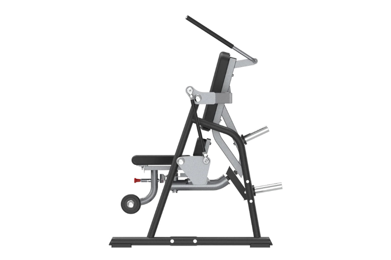 Black and gray commercial ab crunch machine with padded seat, adjustable arm handles, and stabilizing wheels on white backgro