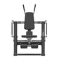 Black commercial leg press machine with padded seat, backrest, dual foot platforms, and tall antenna-style handles on white b
