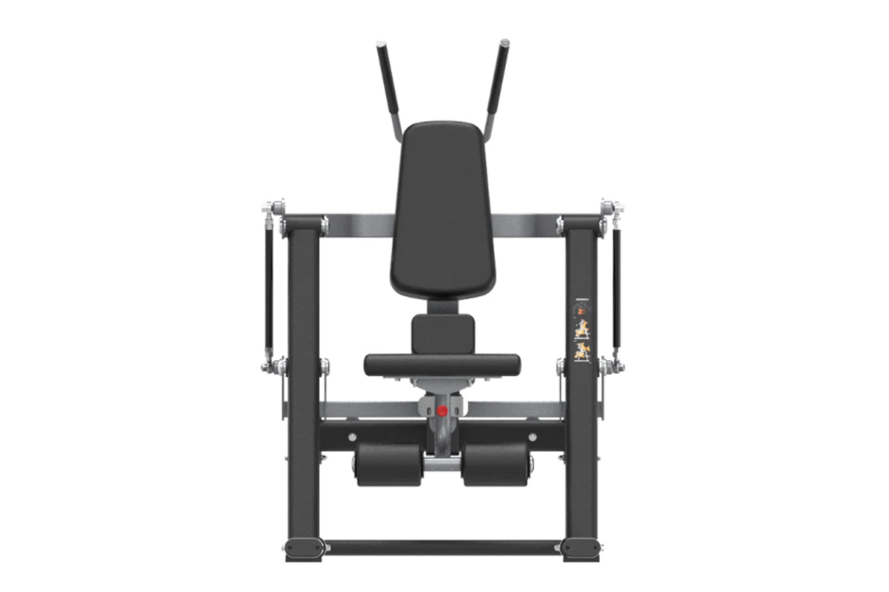 Black commercial leg press machine with padded seat, backrest, dual foot platforms, and tall antenna-style handles on white b
