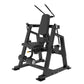 Black commercial abdominal crunch machine with padded seat and backrest, leg press footplate, and dual handles on white backg