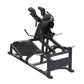 Black V-squat machine with padded seat, angled leg press platform, and adjustable shoulder pads, on white background