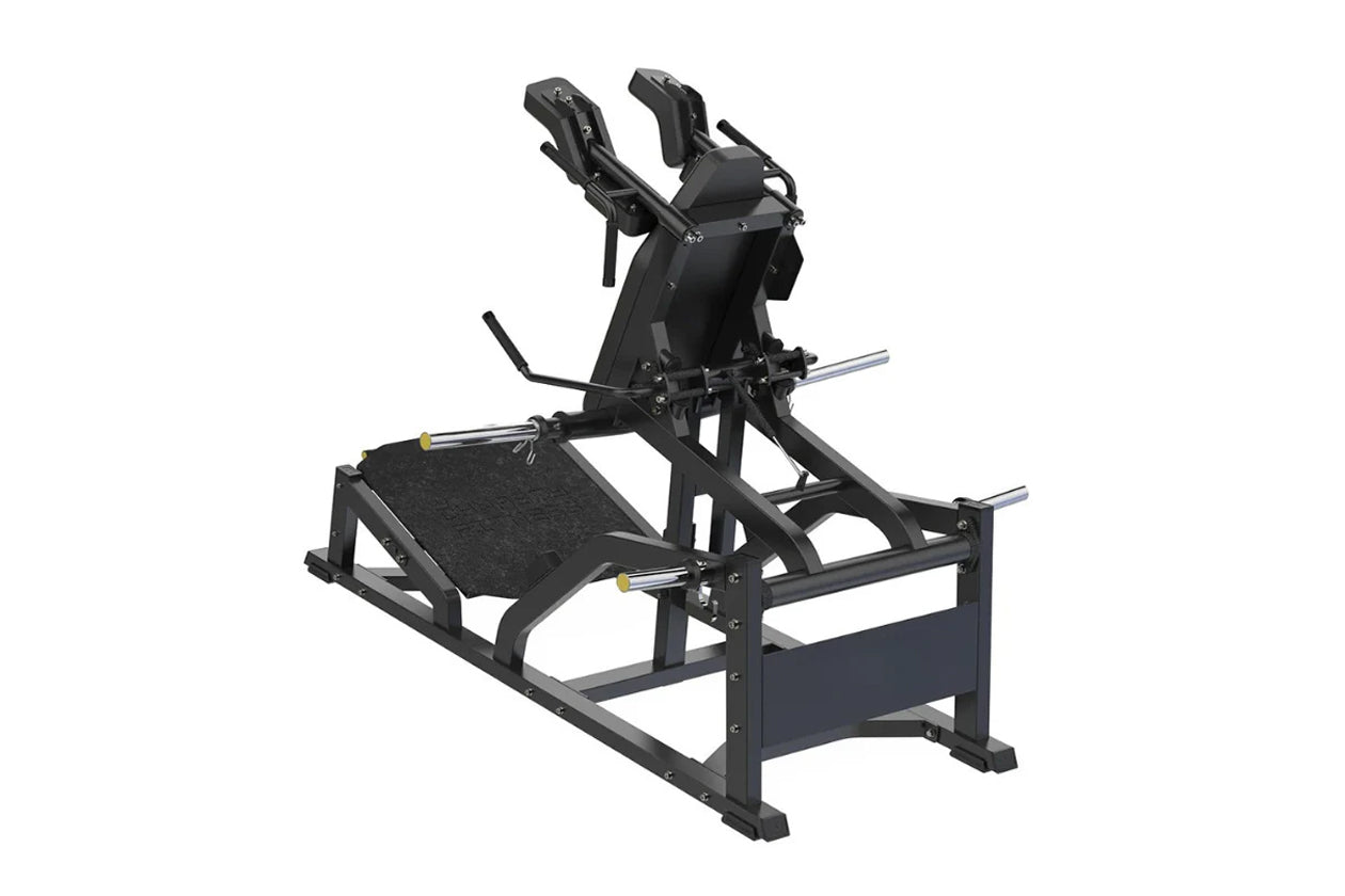 Black V-squat machine with padded seat, angled leg press platform, and adjustable shoulder pads, on white background