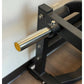 Chrome and black metal squat machine footrest with gold end cap, mounted on vertical support bracket