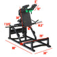 Black V-squat machine with padded backrest and leg press platform, featuring adjustable footrest and hand grips, displayed wi