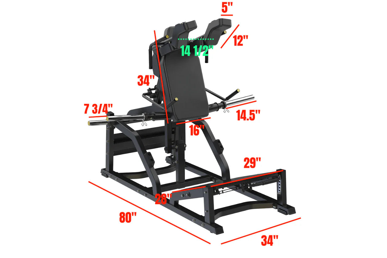 Black V-squat machine with padded backrest and leg press platform, featuring adjustable footrest and hand grips, displayed wi