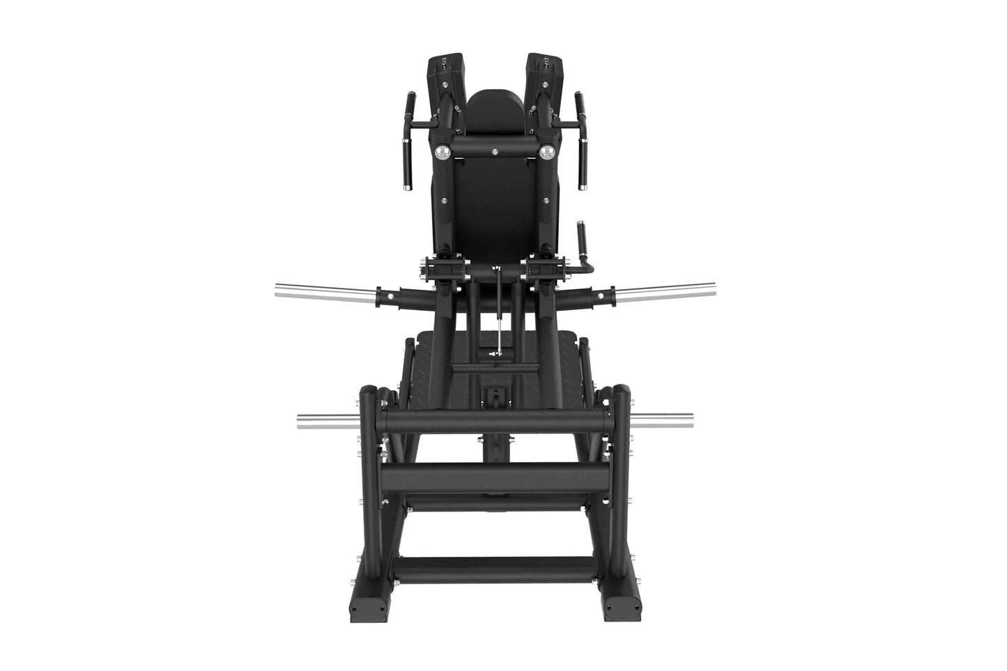 Black commercial V-squat machine with padded backrest, dual handles, and barbell sleeves, front view on white background