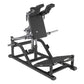 Black and silver V-squat machine with adjustable leg platform, backrest, and phone holder on white background