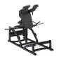 Black V-squat machine with padded backrest, adjustable shoulder pads, and metal frame on white background